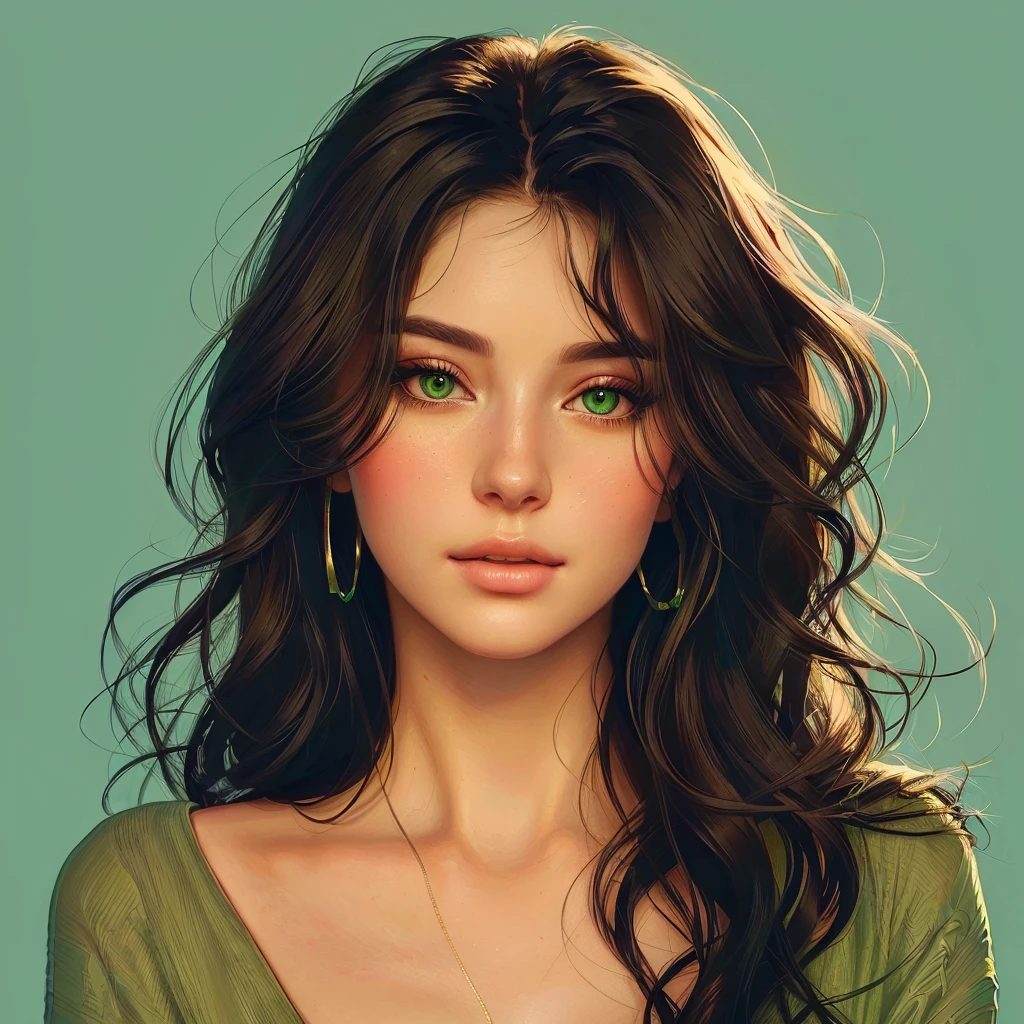 a close up of a woman with long hair and a green shirt, beautiful digital illustration, stunning digital illustration, detailed beautiful portrait, in style of digital illustration, digital illustration portrait, realistic art style, in the art style of bowater, trending on artstration, beautiful digital artwork, realistic cute girl painting, stunning art style, detailed illustration portrait, rossdraws portrait
