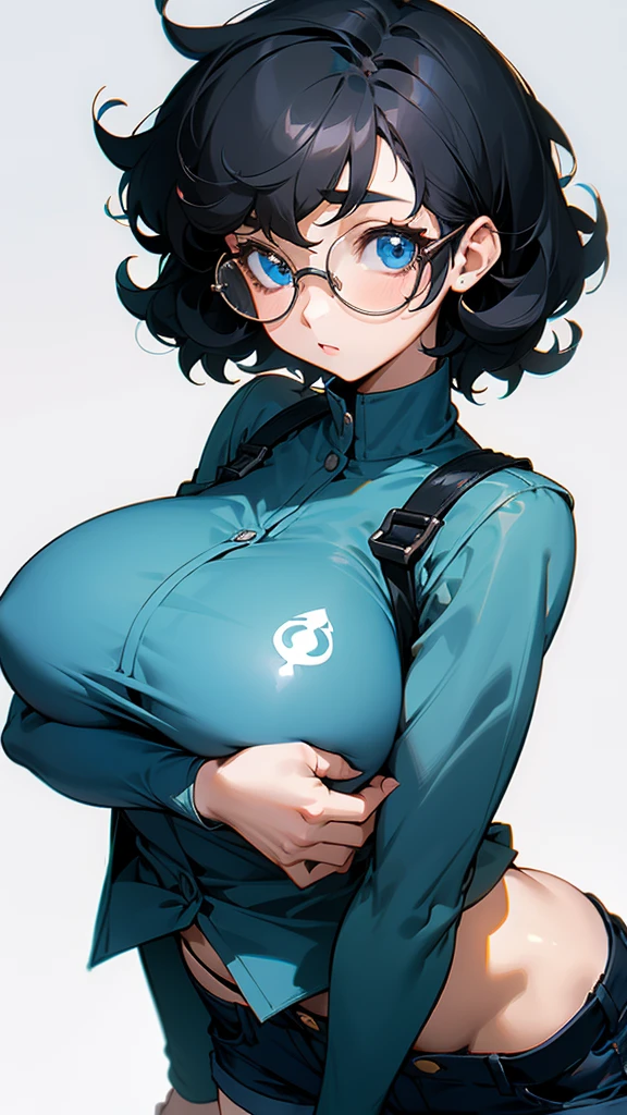 Cute girl, short curly black hair, round glasses, blue eyes, big breasts, short pants.