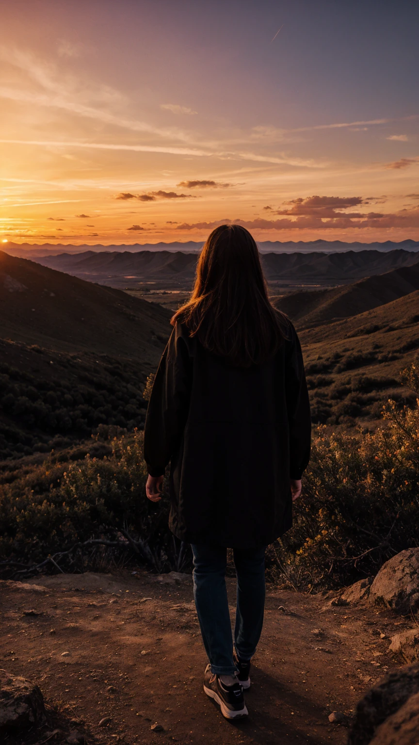 mountain view with sunset, realistic, 8k darklight, girl watching sunset