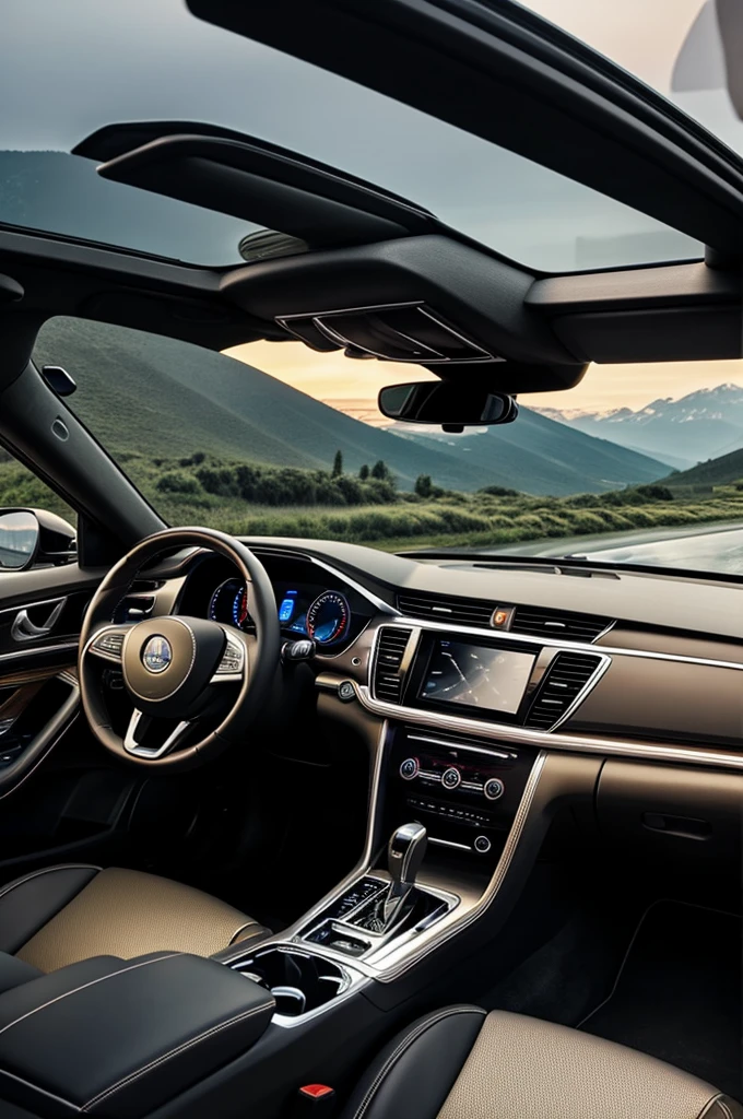 ((best quality)), ((masterpiece)), (detailed), car, interior lighting, landscape