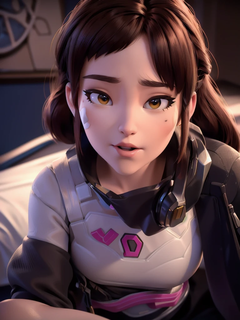 ((DVA from Overwatch)) without her mech, a woman with short brown hair in a (ponytail),she sits on her bed with her legs spread, high quality refelctions, volumetric lighting, she is wearing a ( ice white cropped loose fit t-shirt), very short sleeves, in her bedroom on her bed, 1 girl solo, cinematic lighting, high resolution, physically-based rendering, 8k, volumetric lighting, hyperrealistic, detailed facial features, masterpiece, full upper body, gaming setup in background, cinematic, you can see the fabric of the shirt and the knits very detailed,(she has very small breasts), (nsfw), the focus is on her whole body and the environment, cinematic screenshot, you can see the (whole room) and her sitting on the bed, she wears an underwear ((panty)) as she is going to sleep soon, the picture has a very soft look at soft textures