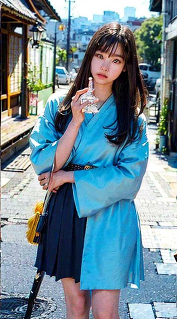Masterpiece, best picture quality, 1 beautiful girl, detailed eyes, swollen eyes, brown hair, long hair, fair skin, sexy, cute, pretty legs, short skirt, Japanese woman, Asian beauty, magical world, moonlight, abandoned building, strong eyes, professional lighting, bright lighting, double eyelids, slender, assassin, Black clothes, angry expression, holding a Japanese sword,