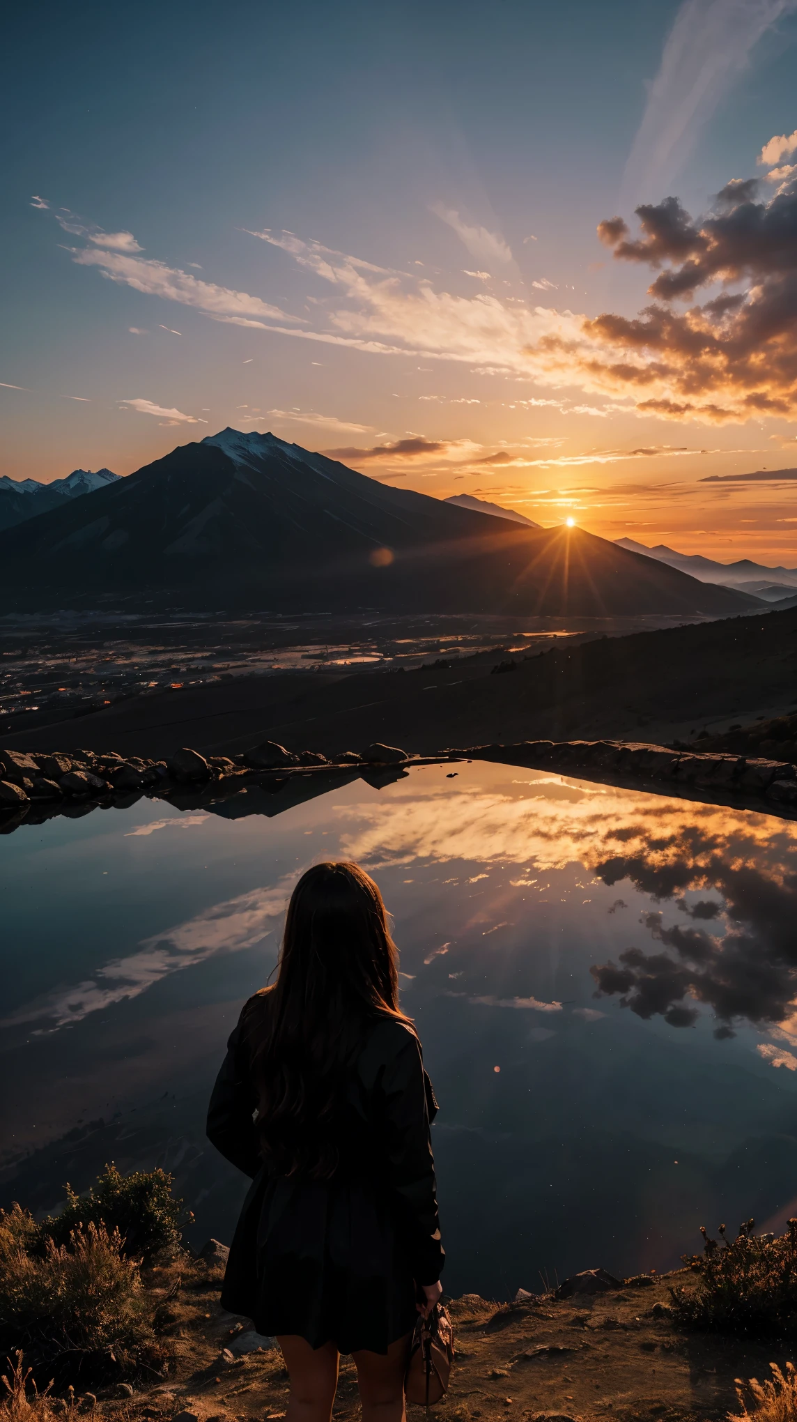 mountain view with sunset, realistic, 8k darklight, girl watching sunset