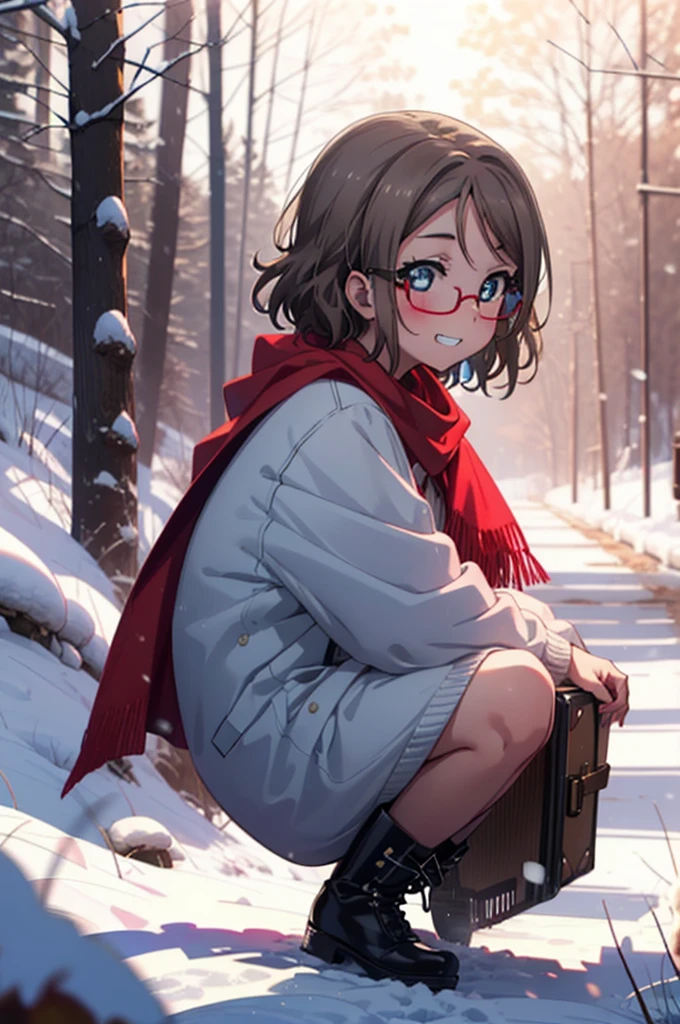 Yo Watanabe, Yu Watanabe, short hair, blue eyes, Brown Hair, smile, Grin,Mid-chest,Black-rimmed glasses,
Open your mouth,snow,Ground bonfire, Outdoor, boots, snowing, From the side, wood, suitcase, Cape, Blurred, having meal, forest, White handbag, nature, Squat, Mouth closed, Cape, winter, Written boundary depth, Black shoes, red Cape break looking at viewer, Upper Body, whole body, break Outdoor, forest, nature, break (masterpiece:1.2), Highest quality, High resolution, unity 8k wallpaper, (shape:0.8), (Beautiful and beautiful eyes:1.6), Highly detailed face, Perfect lighting, Highly detailed CG, (Perfect hands, Perfect Anatomy),
