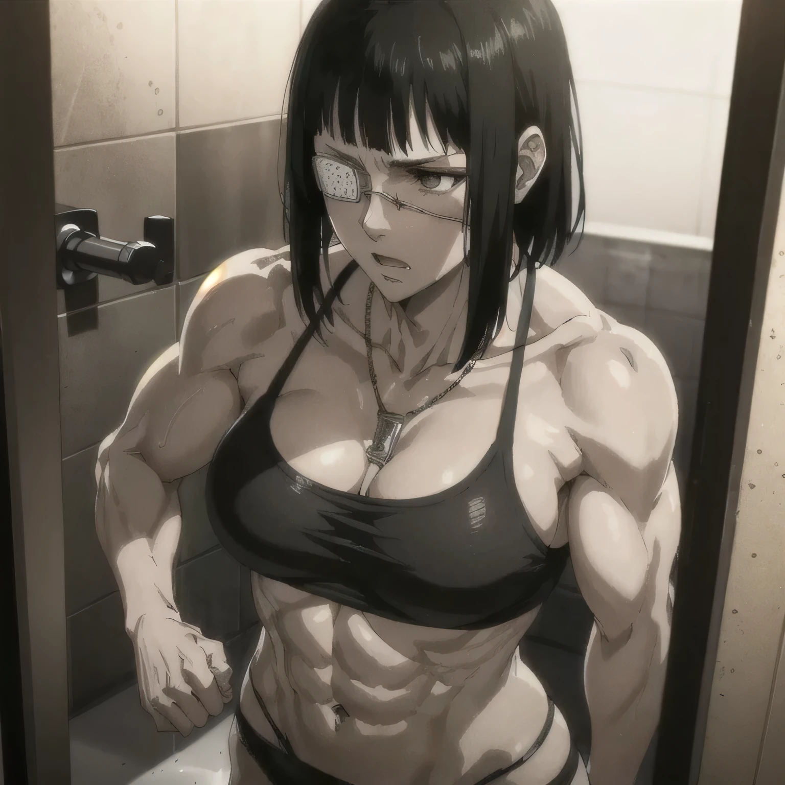 (best quality,ultra-detailed,realistic:1.37),musclaur badass girl with sculpted body with preview her musclaur body and six-pack, full review of the female character's face and body, intense expression,studio lighting, vivid colors, physiologically-based rendering, grungy texture, rugged background, dust particles in the air, commanding presence, professional, powerful, gritty aesthetics,,Valmet،short hair،tattoos on shoulders,,Shining muscles, muscle protrusion,wearing military male black underwear and midriff tank top,necklace,Valmet have a sex muscles,eyepatch,penis,wet body,wet clothes,white skin,water dropped on body,Shining skin,in bathroom, standing in front of a Hand washbasin,washing a face,bodybuilding female 