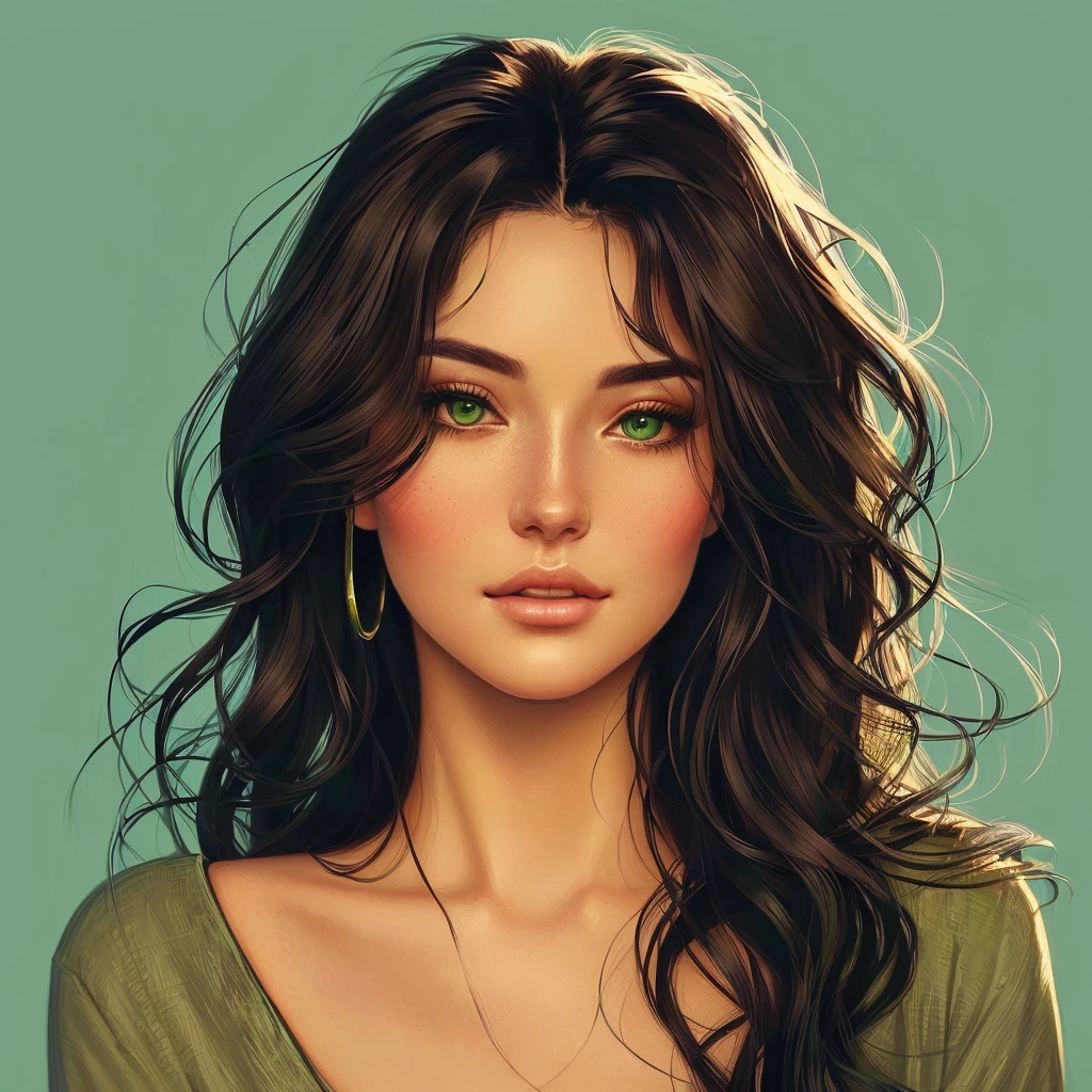 a close up of a woman with long hair and a green shirt, beautiful digital illustration, stunning digital illustration, detailed beautiful portrait, in style of digital illustration, digital illustration portrait, realistic art style, in the art style of bowater, trending on artstration, beautiful digital artwork, realistic cute girl painting, stunning art style, detailed illustration portrait, rossdraws portrait