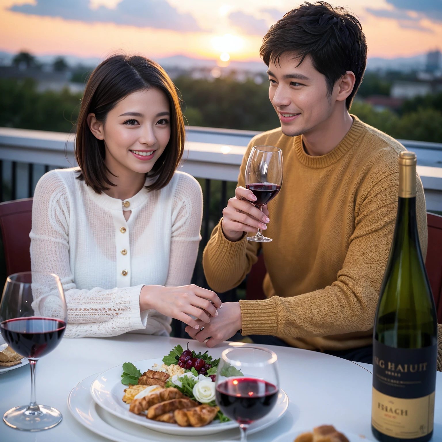 ((Highest quality、8k、masterpiece:1.3))、 (Genuineistic, Genuine、Bright image、Intricate details:1.2), Best smile 1 man 1 woman、Beautiful Couple、spouse、Couple、spouse、Beautiful Couple、Smile、A full-course dinner with a full table、テーブルにwine glass、 (Slim face), (The body is slim), (Brown Hair), (short hair), Please shine a light on my face、 Amazing view of the sunset sky and clouds、 (age 34), 39 years old, red wine 、Wine bottle、sparkling wine、Long sleeve shirt、dress、White wine, red wine, wine glass,