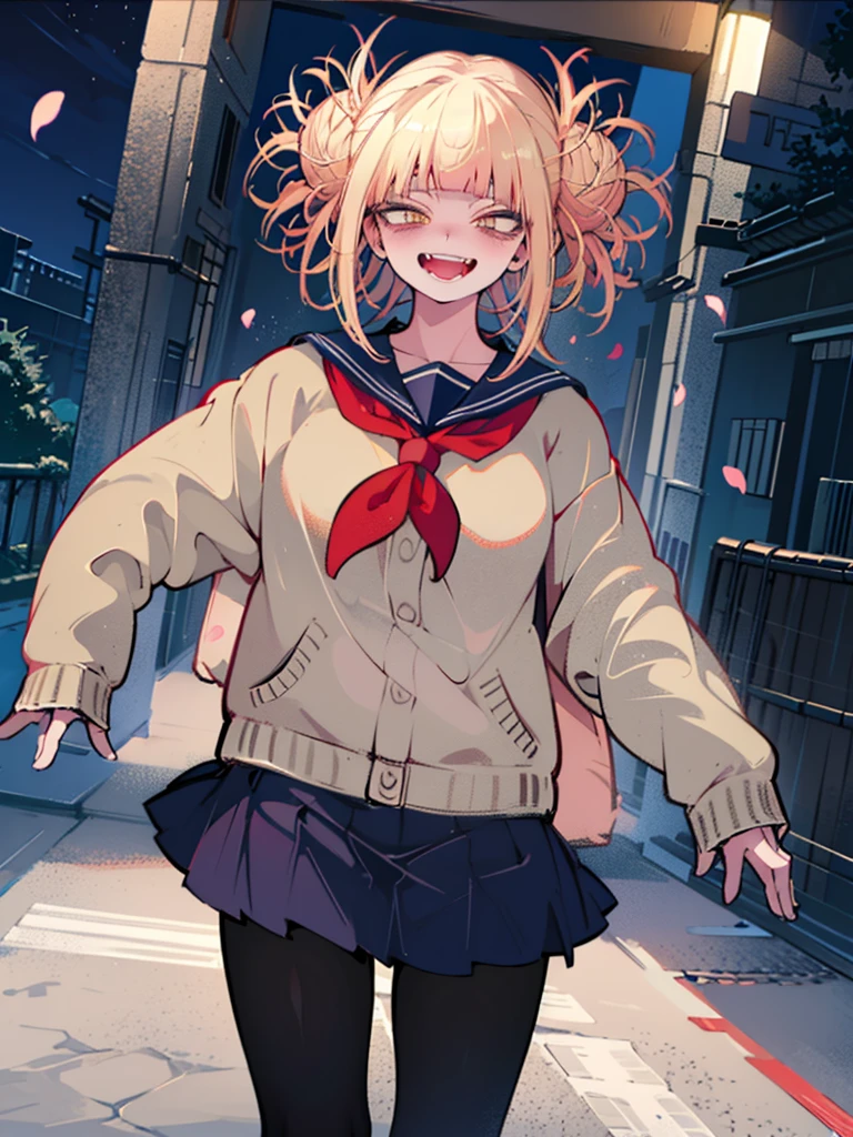 masterpiece, Highest quality, One girl, (colorful),(Beautifully detailed eyes and face),cinematic Lighting,Bust Shot,Highly detailed CG Unity 8k wallpaper,Gray Hair,alone,smile,Complex skirt,((Flying petals)),(Flowery meadow) null, cloudy_null, building, moonLight, moon, night, (Dark Theme:1.3), Light, Fantasy,