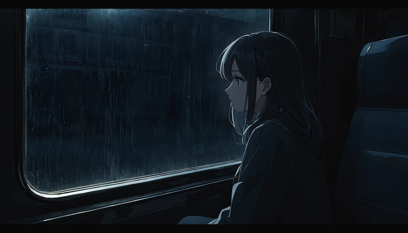 High definition animation. A girl sits in a slightly dark old train and looks lonely out her window. One window. It's dark outside the train. Girl's half body shot