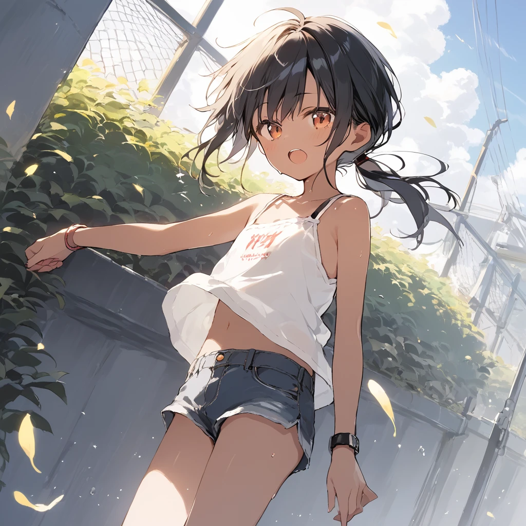 score_9, score_8_up, score_7_up, source_anime, best quality, masterpiece,official art, absurdres, highres, waifu2x,Collection: Slice of Life,break,1girl, tomboy, dark-skinned female, short hair, low ponytail, flat chest, beautiful detailed eyes, short shorts, sweat, open mouth, (yawn:0.3), sleepily, outdoors, wind, break,(clear line illustration:1.2),very high resolution, very aesthetic, super detailed skin, Best sexual lighting powered by famous artist, 8k,cute picture,beauty illustration,photoshop_(medium),,(Detailed Lighting),best anime 8k konachan wallpaper, pixiv contest winner,