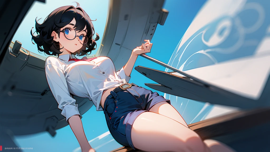 Cute girl, short curly black hair, round glasses, blue eyes, big breasts, short pants.