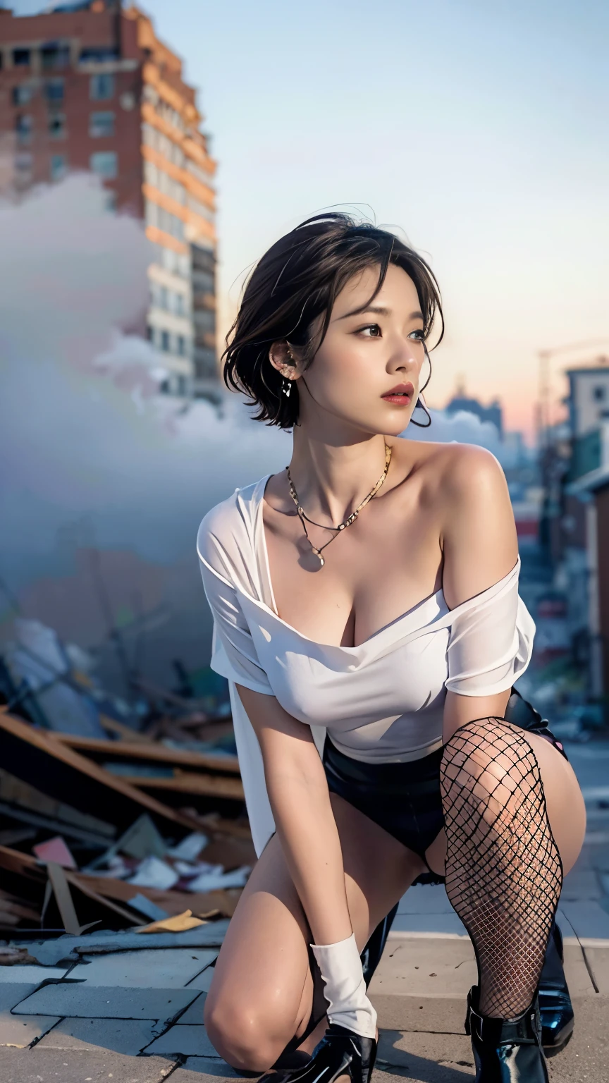 ((Perfect anatomy with detailed limb depictions)),A masterpiece that captures the essence of movement,Ulzan 6500,ニコンD5で撮影する毛穴まで再現するBest image quality,Lens used: 85mm,F-stop 1.4,ISO 100,Shutter speed 300,(((A realistic and sharp photo with a deep depth of field in a city with buildings that have been seriously damaged in the battle and are covered in smoke.))),1 girl,short hair,White hair accessories go well with earrings and necklaces.,((A blue satin cape, a body-conscious high-leg bodysuit, fishnet stockings up to the knees, and long gloves covering the elbows.)),(Saiharu Body),(((Shiho plays the role of a hero of justice))),(Cowboy Shot),(Tabletop, high quality, 最high quality), (colorful),(Delicate eyes and face),((Light and voluminous short hair)),Ray Tracing, Highly detailed CG Unity 8k wallpaper,One person,Best image quality,Professional perspective,Excellent detail,超A high resolution,Realistic:1.4),High detail,Attention to detail,Beauty condensed in 1girl,beautiful chestnut hair,繊細でHigh noseを持つ美しい顔,Long limbs like a model,Coke bottle body,High nose, Clear chestnut eyes, Glossy lips,