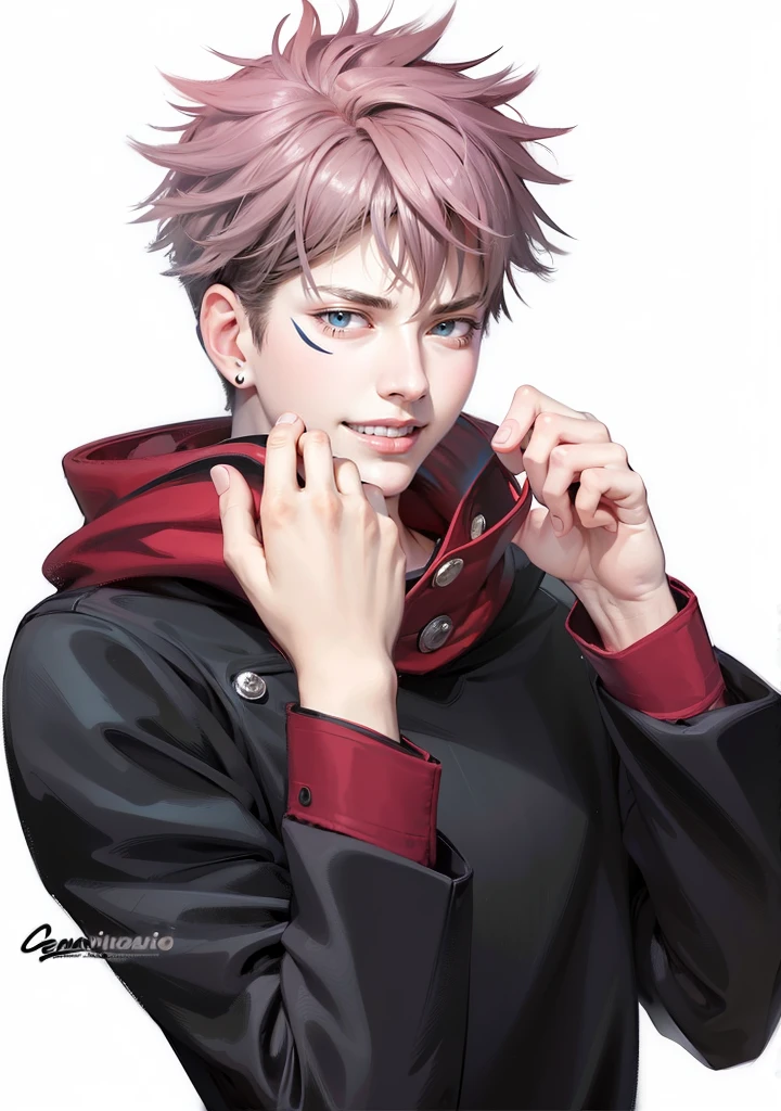 masculine male, masterpiece, ((perfect eyes)) best quality, (semirealism:1.9), beautiful lighting, (extremely detailed CG unity 4k fhd wallpaper), High Detail, Sharp focus, dramatic outdoors, 1 boy ,19 years old, white hair, light purpel eyes, smile.
