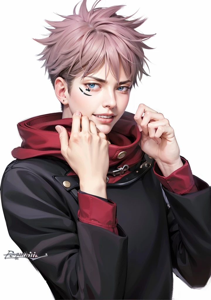 masculine male, masterpiece, ((perfect eyes)) best quality, (semirealism:1.9), beautiful lighting, (extremely detailed CG unity 4k fhd wallpaper), High Detail, Sharp focus, dramatic outdoors, 1 boy ,19 years old, white hair, light purpel eyes, smile.
