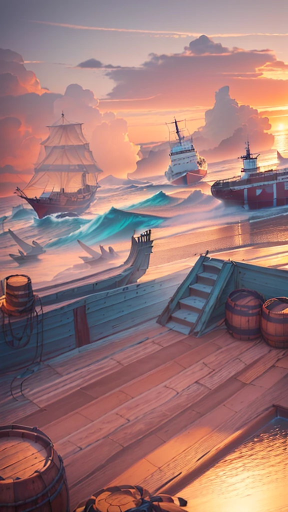 A ship floating on the sea，Barrels and scattered reins were neatly placed on the wooden deck.，In the distance, two ships are floating on the rough sea.，An island in the distance，There is also blue sky, white clouds and seagulls，Natural light，High-definition quality，High-quality posters，