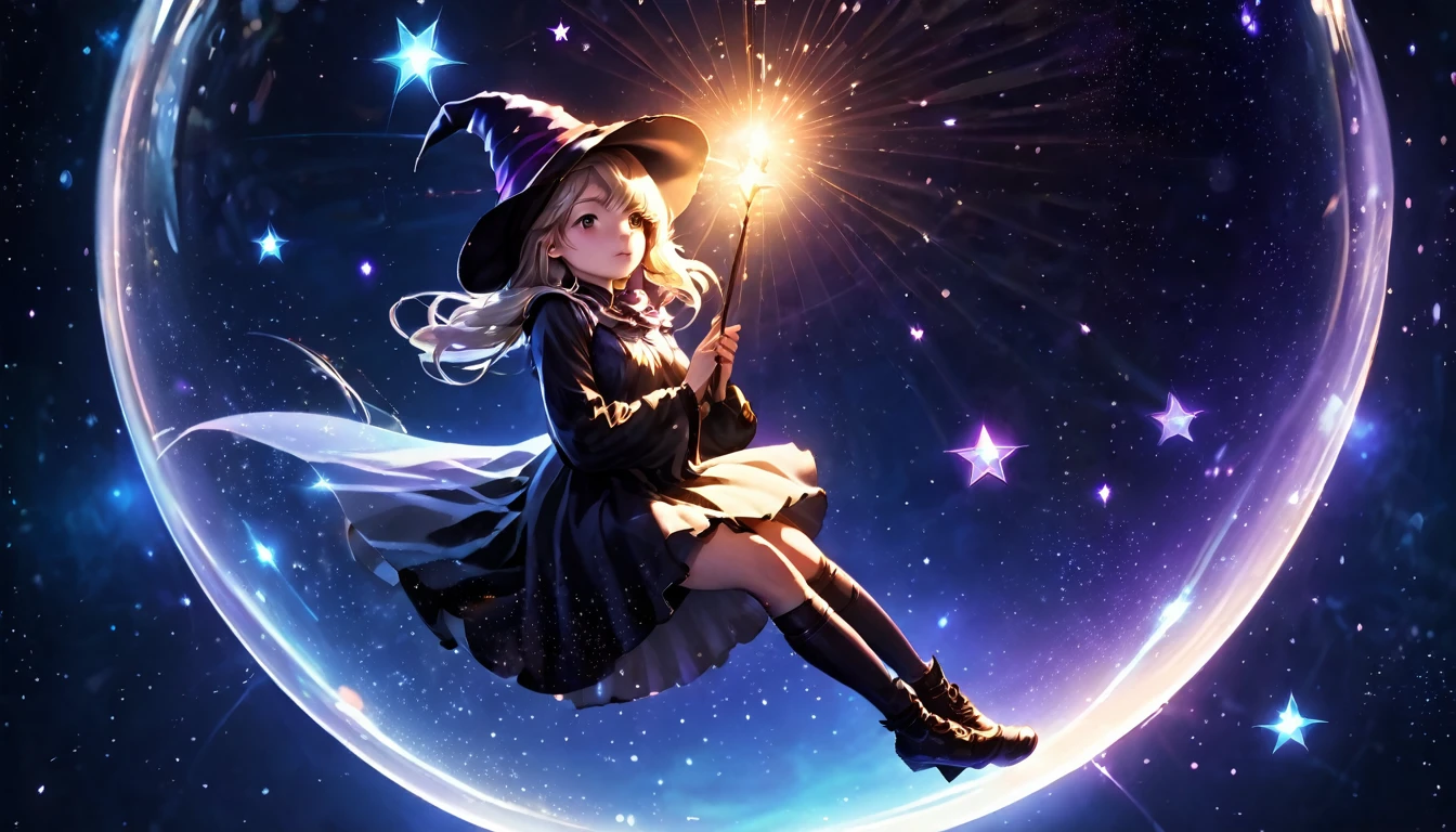 Highest quality, High resolution, One girl, Fairy, Witch Hat, Floating in space, Energy sphere, Particles of light, Shiny Hair, Shining Star, Fantasy,