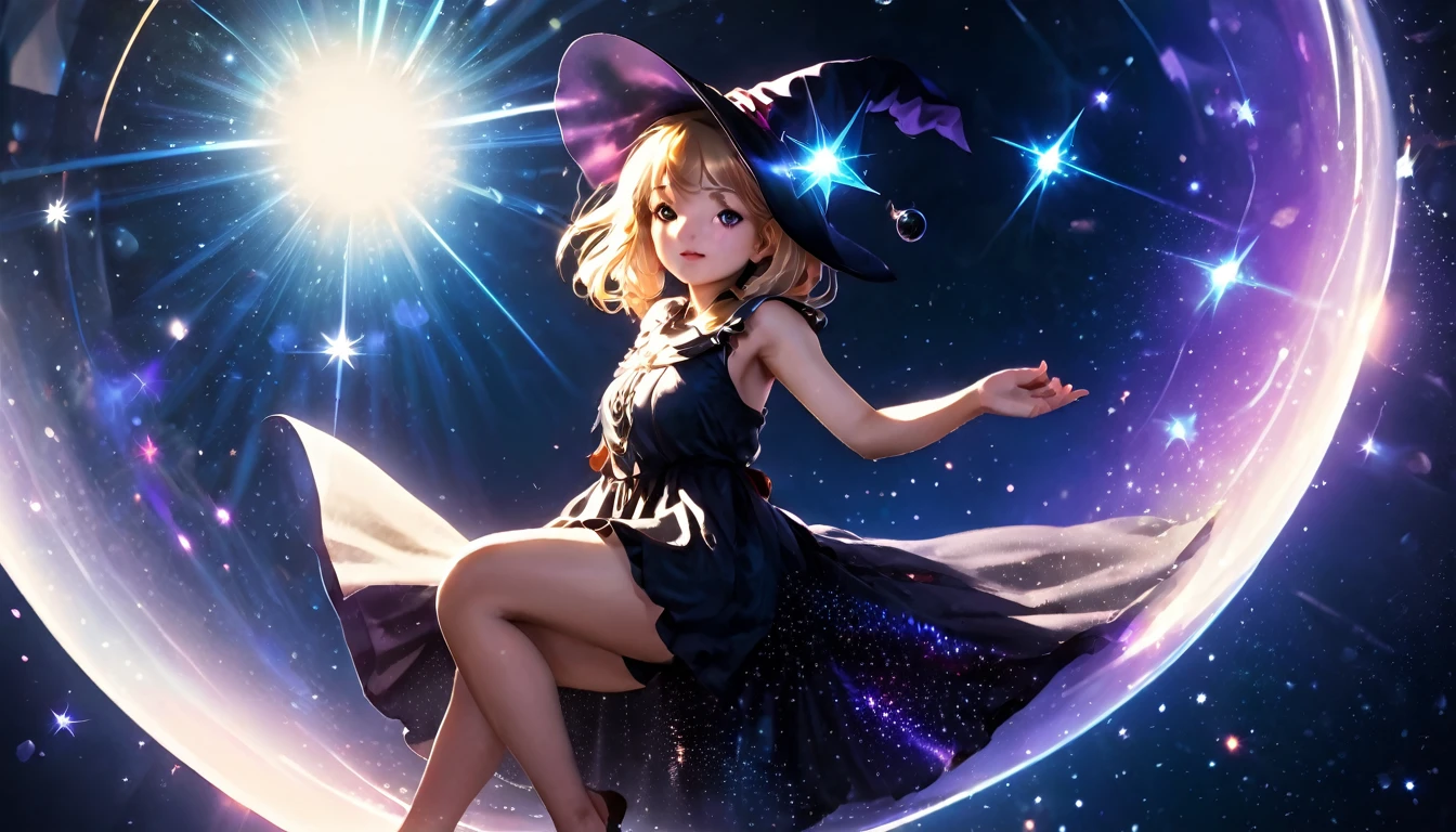 Highest quality, High resolution, One girl, Fairy, Witch Hat, Floating in space, Energy sphere, Particles of light, Shiny Hair, Shining Star, Fantasy,