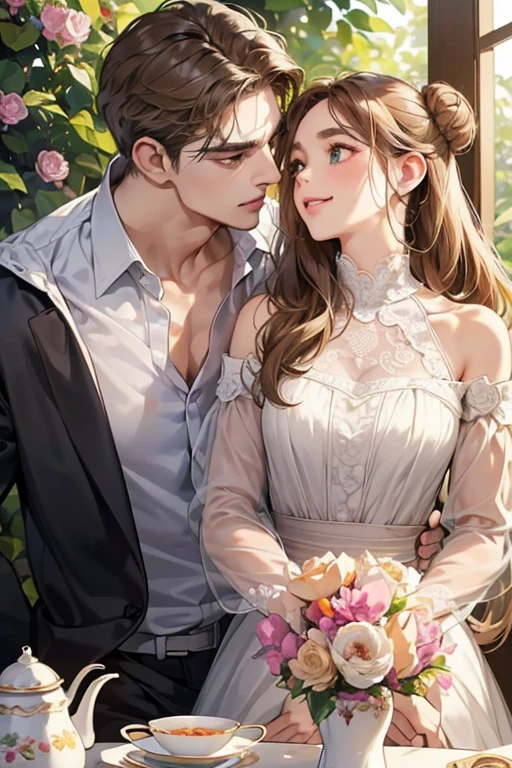 (table top, digital illustration, 4k, 8k, Super detailed, beautiful images, clear image, perfect face, perfect lines, perfect eyes, soft lighting) 1 female, (light brown hair,bun hair,innocent look,droopy eyebrows,droopy eyes、With a round face,round chin、innocence,cute,Big eyes,natural makeup,smile gently,E cup,23 years old:1.3),Two handsome men in suits, (human,man in suit,muscular,solid shoulder width, boyish hairstyle,A man in his 30s with a cool expression,28 year old man with a bright smile:1.2),garden full of light、lots of flowers、Squirting、colorful flower light,(embarrassing,shy smile:1.2),resort sofa,kiss、Couple kiss、romance porn、couple of man and woman looking at each other、In battle、Afternoon tea、lunch