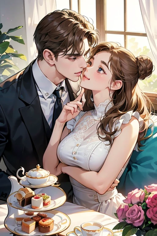 (table top, digital illustration, 4k, 8k, Super detailed, beautiful images, clear image, perfect face, perfect lines, perfect eyes, soft lighting) 1 female, (light brown hair,bun hair,innocent look,droopy eyebrows,droopy eyes、With a round face,round chin、innocence,cute,Big eyes,natural makeup,smile gently,E cup,23 years old:1.3),Two handsome men in suits, (human,man in suit,muscular,solid shoulder width, boyish hairstyle,A man in his 30s with a cool expression,28 year old man with a bright smile:1.2),garden full of light、lots of flowers、Squirting、colorful flower light,(embarrassing,shy smile:1.2),resort sofa,kiss、Couple kiss、romance porn、couple of man and woman looking at each other、In battle、Afternoon tea、lunch