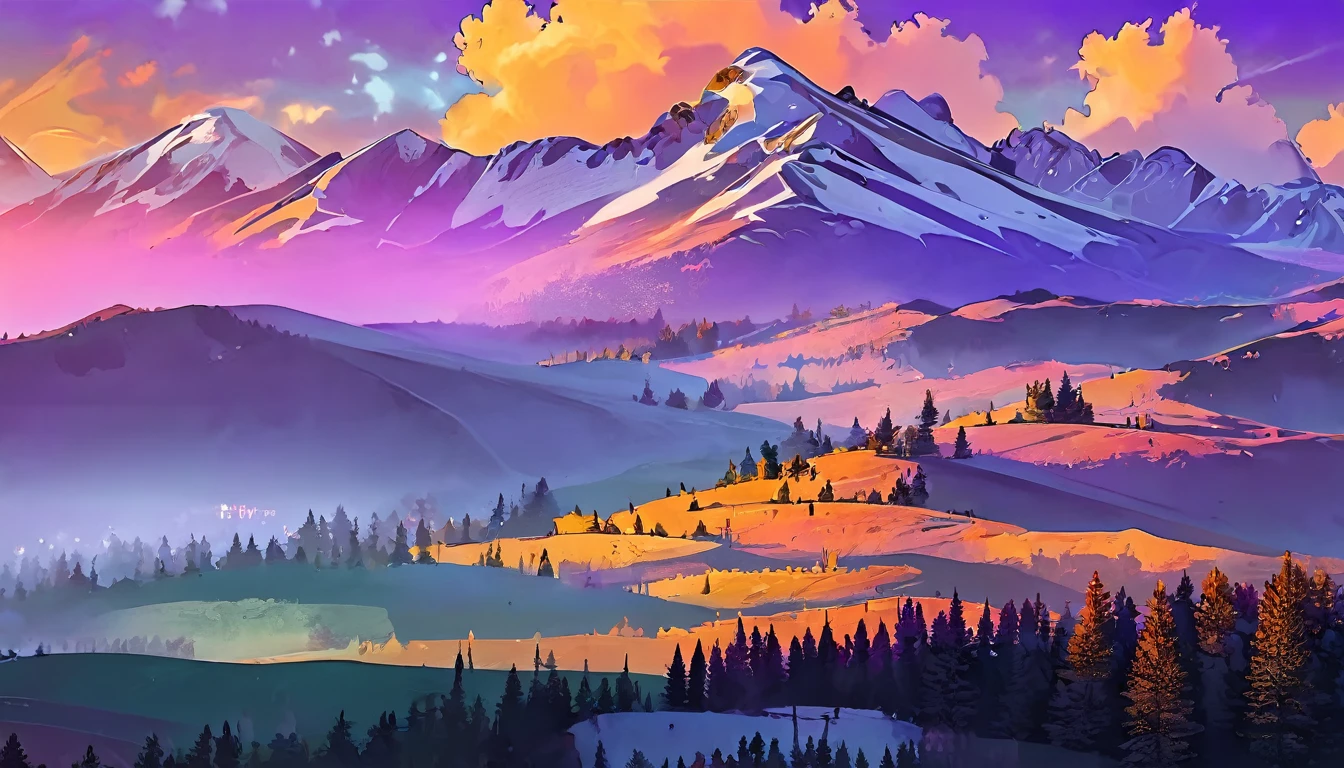 Beautiful view of the mountains, Orange and purple clouds at sunset, Enchanting and magical.