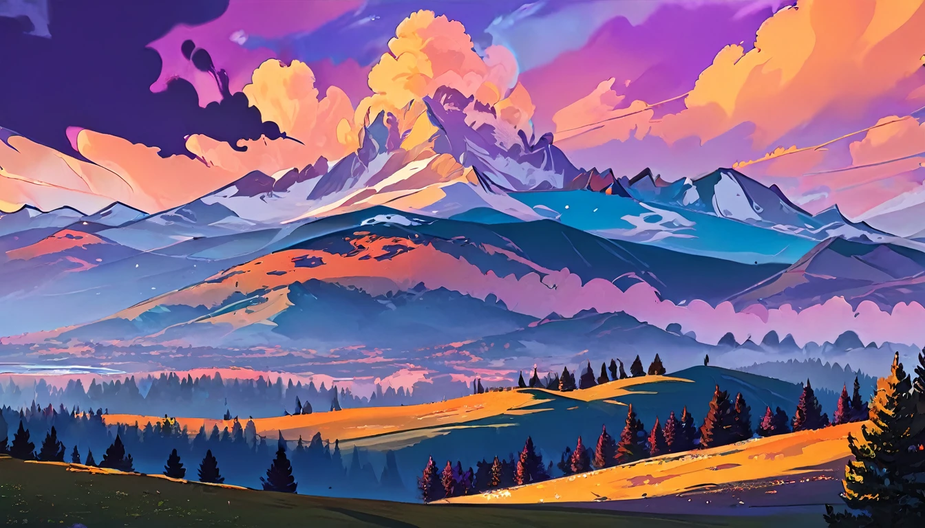 Beautiful view of the mountains, Orange and purple clouds at sunset, Enchanting and magical.