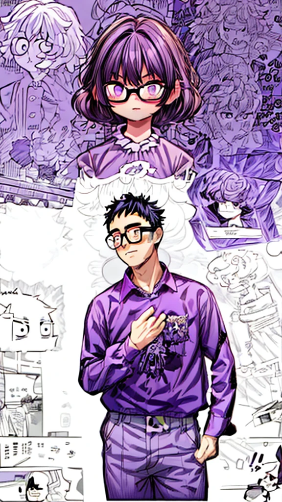 man, curly hair, glasses, purple shirt, Manga Background