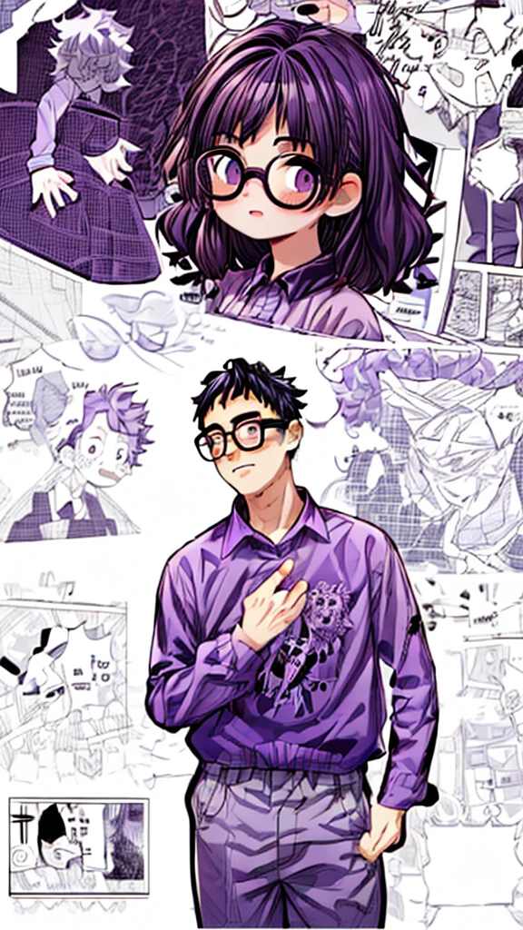 man, curly hair, glasses, purple shirt, Manga Background