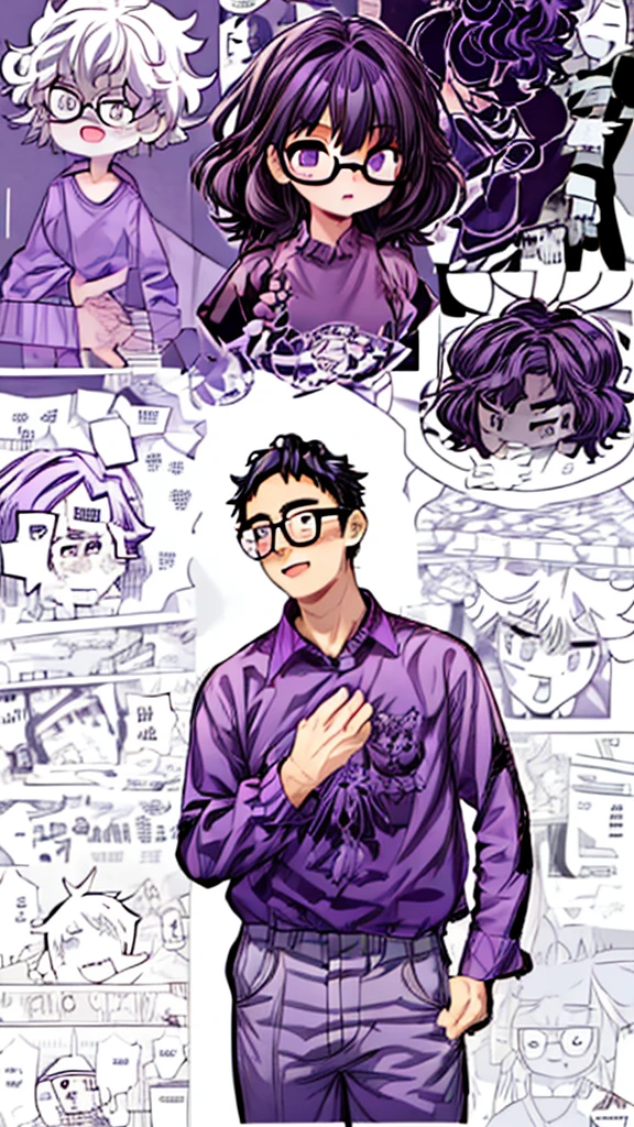 man, curly hair, glasses, purple shirt, Manga Background