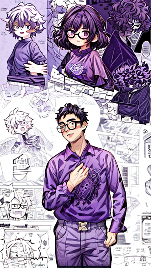 man, curly hair, glasses, purple shirt, Manga Background