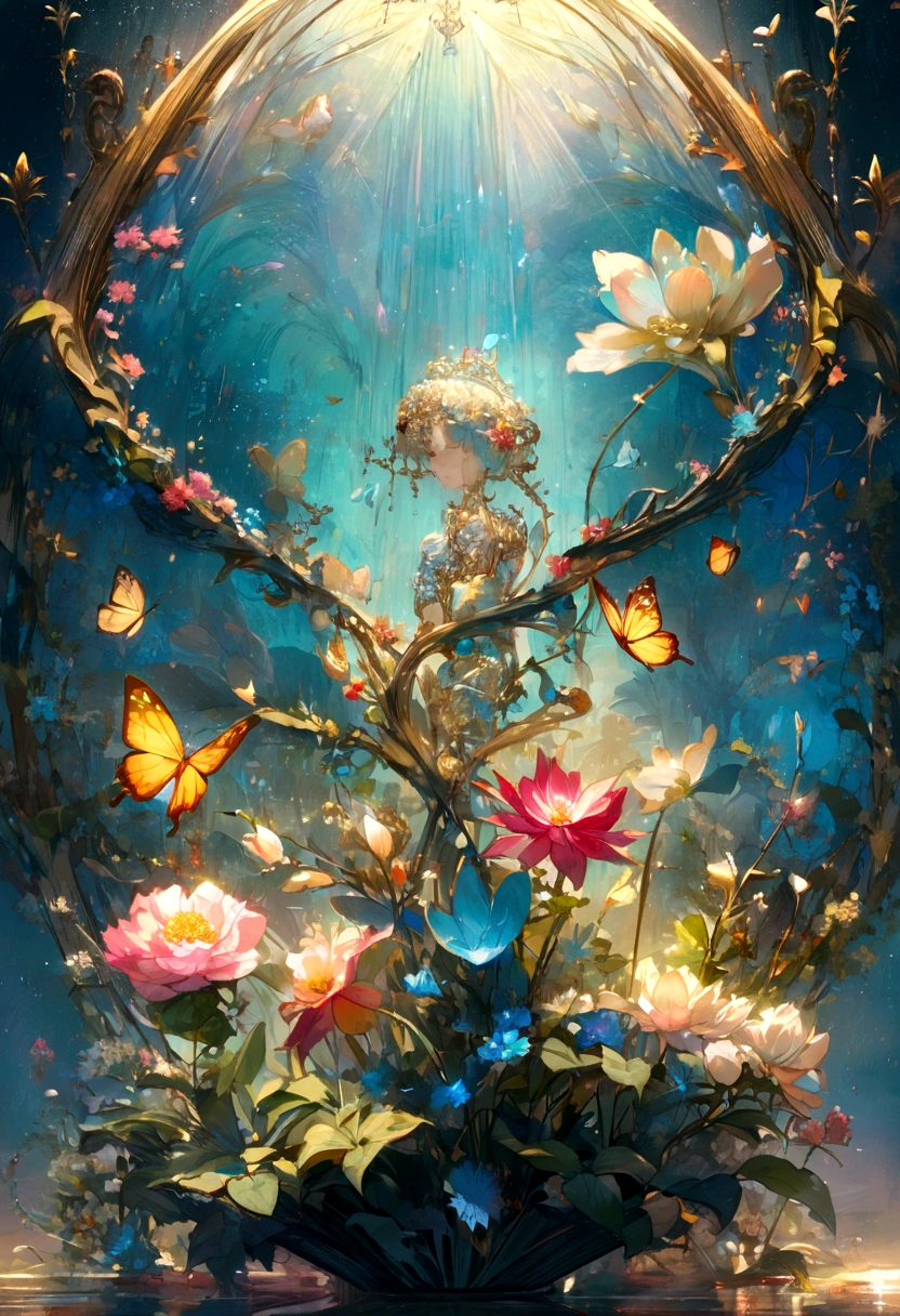 Background is green blue,moonlight,Everything is expressed in jewellery, The arrival of spring, Various beautiful flowers
, Beautiful yellow swallowtail butterfly,The angle of looking from the bottom up, Various jewels falling from the sky, Wonderful and beautiful view, Slightly hazy, excellent, high resolution, 8K, (best quality, high resolution, Practical:1.37), Shiny metallic flowers, Intricate and delicate petals, Reflective surface, Vibrant colors, Intricate details, Close-up view, Surreal Garden, Surreal beauty, Dreamy atmosphere, art, Abstract botany, Metal Sculpture, Contrasting Textures, Ethereal Light