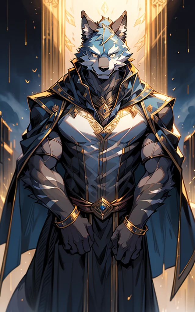 ((best quality)), ((masterpiece)), (detailed), Perfect face,Solitary,Beast field,night,fantasy,rain,thunder,Black fur,Gold Stripes,Anthropomorphic Black Wolf.Wearing a robe that fits his muscles, A long blue cape draped over his shoulders.Golden Eyes,magic,Wizard wearing a hood