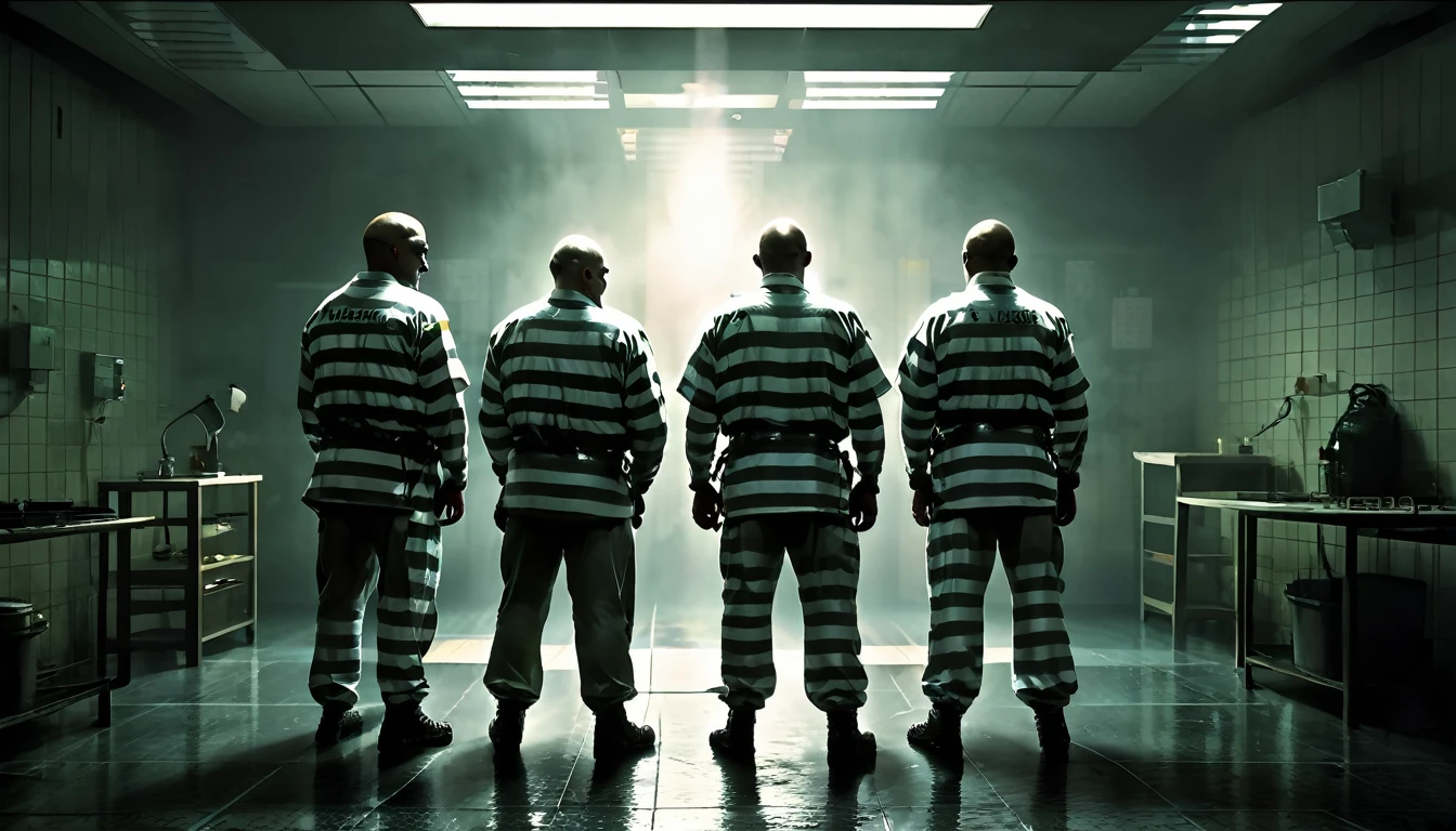 Three men in prison uniforms standing in a dimly lit room, Movie CG Association, Payday 2, cgsociety 9, Detailed cinematography, Arkham, Richard Kane Ferguson, Photorealistic Dark Concept Art, Riot Entertainment Realistic, Surreal fantasy art, Prison scene, Promotional Images, From prison, Arkham city, Game CG, Movie keyframes, Promotional Images  