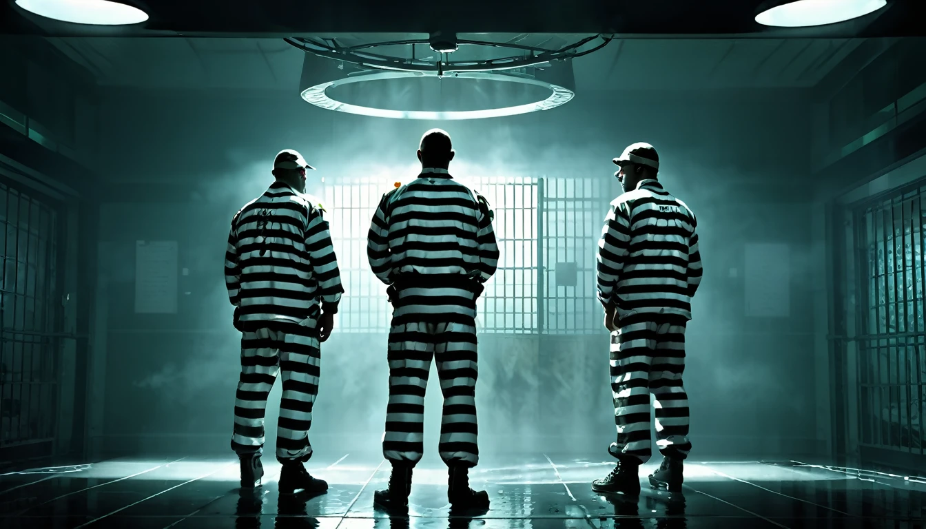 Three men in prison uniforms standing in a dimly lit room, Movie CG Association, Payday 2, cgsociety 9, Detailed cinematography, Arkham, Richard Kane Ferguson, Photorealistic Dark Concept Art, Riot Entertainment Realistic, Surreal fantasy art, Prison scene, Promotional Images, From prison, Arkham city, Game CG, Movie keyframes, Promotional Images  