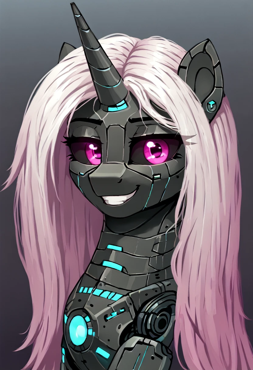 Unicorn white mane,light blue cybernetic eyes, cybernetic body,black sclera ,black body color  long mane ,pony  ,horny pink eyes  smiling at viewer 