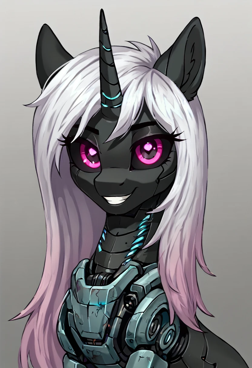 Unicorn white mane,light blue cybernetic eyes, cybernetic body,black sclera ,black body color  long mane ,pony  ,horny pink eyes  smiling at viewer 