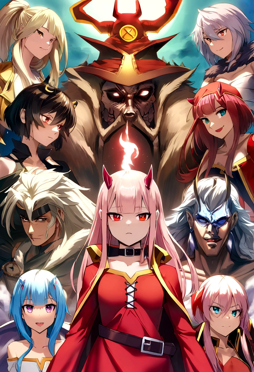 Megumin, zero two, Roxy, anime clothing, todas mirando al espectador, mythological dragon behind them, cenizas de fuego alrededor, paramo infernal