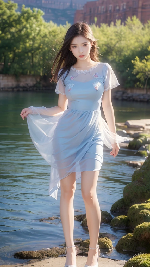 ((Masterpiece 1.4)), CG Unity 8K walpaper, ((realistic: 1.2)), Ray tracing, K, Beautiful girl 16 years old, realistic korean girl, ((A young girl with a perfect body)), Ultra realistic, Ultra HD, ((Yellow holiday dress made from sheer see-through tulle.)), ((Hollow out embroidered short sleeve dress, peach color)), ((Super round breasts under the dress.)), ((Baby breasts)), youthful body, perfect shape, ((romantic looKs)), Pose in style ((grand canyon river)), standing in the river, Clean, pure water in the river, ((The river has blue floating water.)), ((canyon mountains)), Open your mouth slightly., cactus, ((detailed bacKground)), ((Set details)), ((fine texture)), ((detailed sKin)), ((realistic lips)), Long BlacK hair, movie light, film photography, High-definition dress quality, High resolution image quality,
