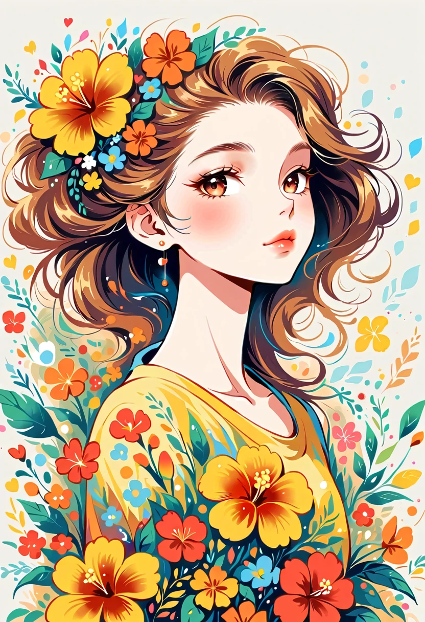 Yomu style, The most beautiful girl of all time，Lips in Love, colorful flowers, Simple Line Initialism，Abstract art，Urban Background, Red and yellow hibiscus