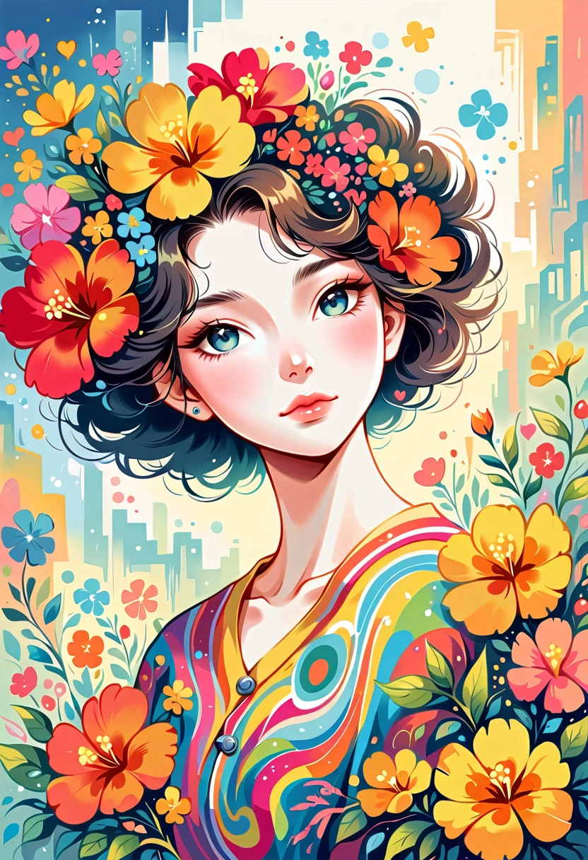 Yomu style, The most beautiful girl of all time,Lips in Love, colorful flowers, Simple Line Initialism,Abstract art,Urban Background, Red and yellow hibiscus