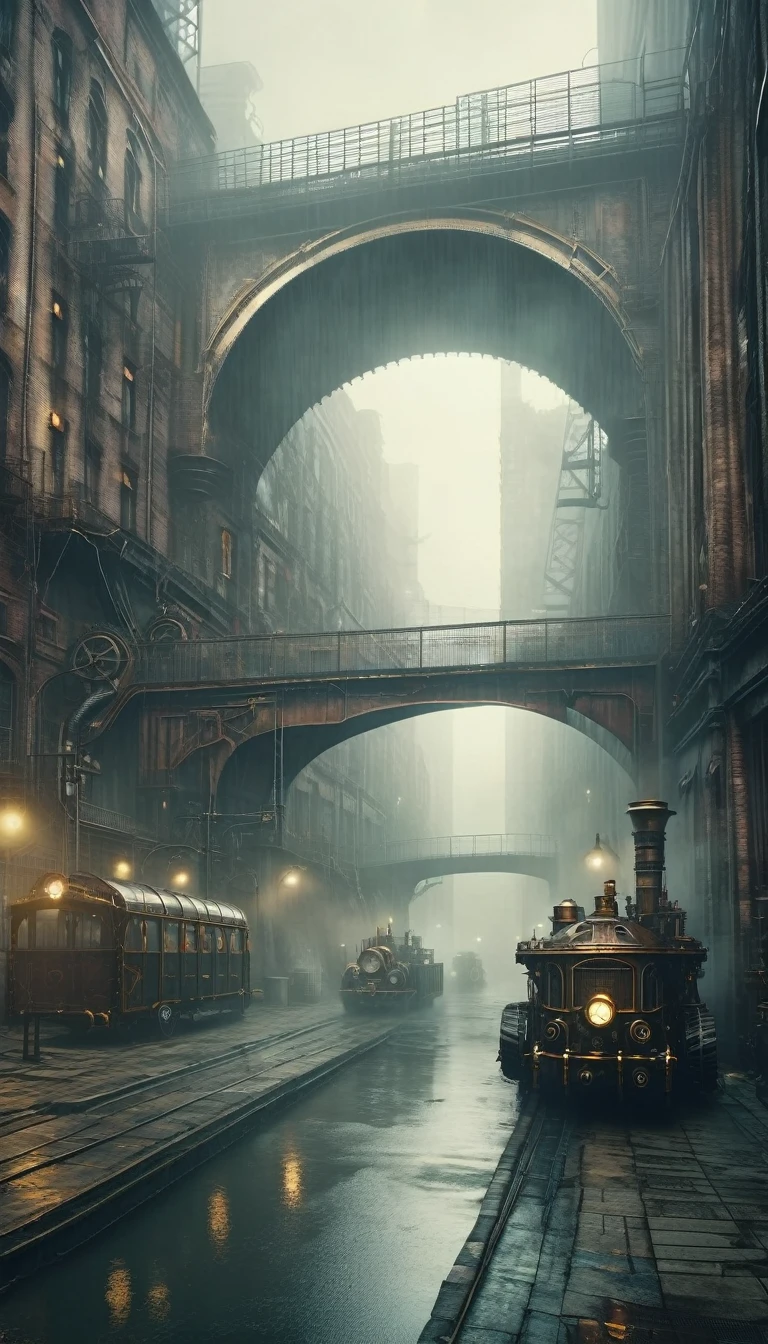 (steampunk:1.5), detailed ruined city street with bridges, foggy atmosphere, grungy industrial aesthetic, dystopian mood, dramatic lighting, muted color palette, highly detailed, masterpiece, (best quality,4k,8k,highres,masterpiece:1.2),ultra-detailed,(realistic,photorealistic,photo-realistic:1.37)