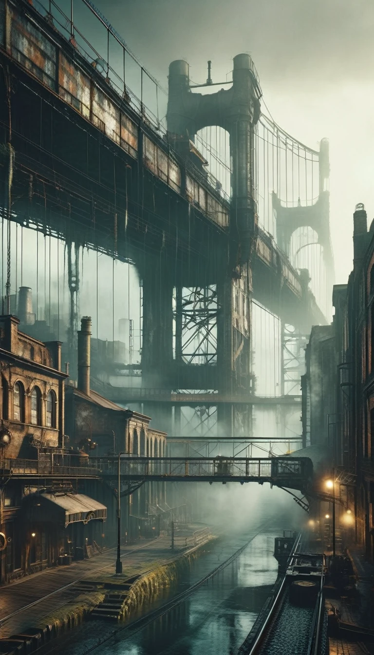 (steampunk:1.5), detailed ruined city street with bridges, foggy atmosphere, grungy industrial aesthetic, dystopian mood, dramatic lighting, muted color palette, highly detailed, masterpiece, (best quality,4k,8k,highres,masterpiece:1.2),ultra-detailed,(realistic,photorealistic,photo-realistic:1.37)