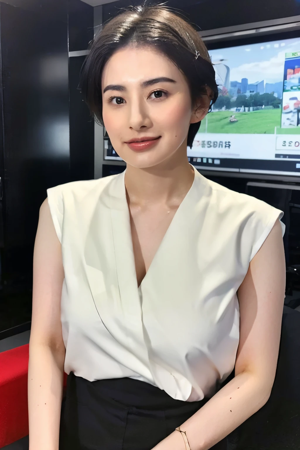 Beautiful 30 year old woman、Black Hair、short hair、Big Breasts、Sexy body、White shirt with open chest、Black mini skirt、In the news studio