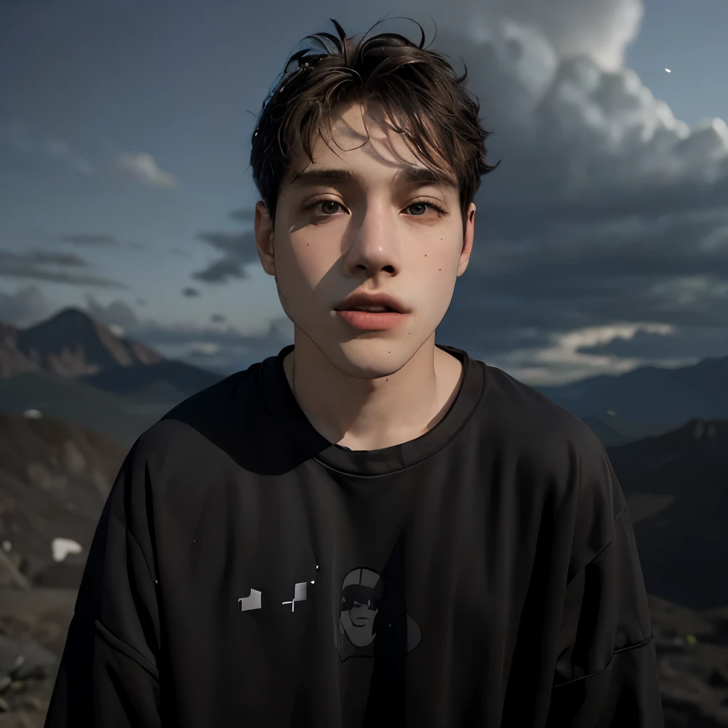 (masterpiece:1.2), (best quality:1.2), hyper realistic,highestres,absurdres,extremely detailed,volumetic,dramatic lighting,(frontal view),
20 year old boy,face,detailed eyes, flat black hoodie, black t-shirt, with background ((sky))