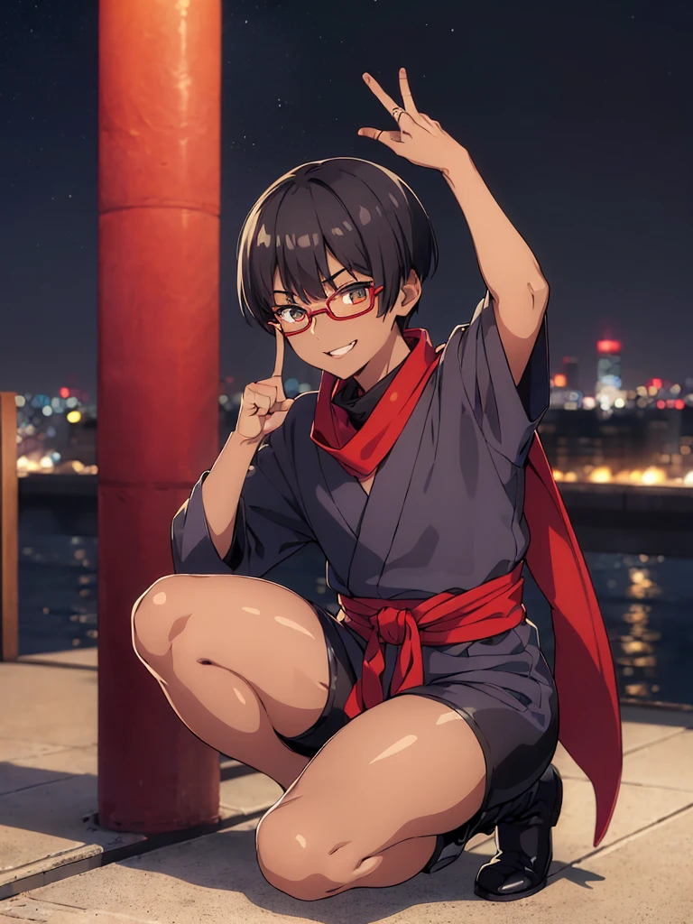 (flat chest:), (masterpiece:1.2), highest quality, High resolution, unity 8k wallpaper, (fine and beautiful eyes:1.6), highly detailed face, perfect lighting, Detailed CG, (perfect hands, perfect anatomy), (1 boy solo:1.4), 20 years old, black hair, extremely beautiful detailfeminine face and eyes, (evil smile:1.4), detailed eyes, best quality,( dark skin:1.8), (turtleneck shirt under yukata:1.2), (bike shorts:1.2), extremely detailed, very precise detailed, (glasses:1.3), blunt bangs, open mouth, (very short pixie cut:1.2), boots,fingerless gloves, smile, half closed eyes, ,(on kawara roof),night sky, ,long sidelocks,(long red Scarf),(yukata),(squatting), ears,(acrobat pose:1.3),(squat:1.3),leaning forward,(one knee dwon:1.5),(Put one foot in front:1.3),(stylish pose:1.4),(Raise middle fingers:1.5),(arm up:1.5)