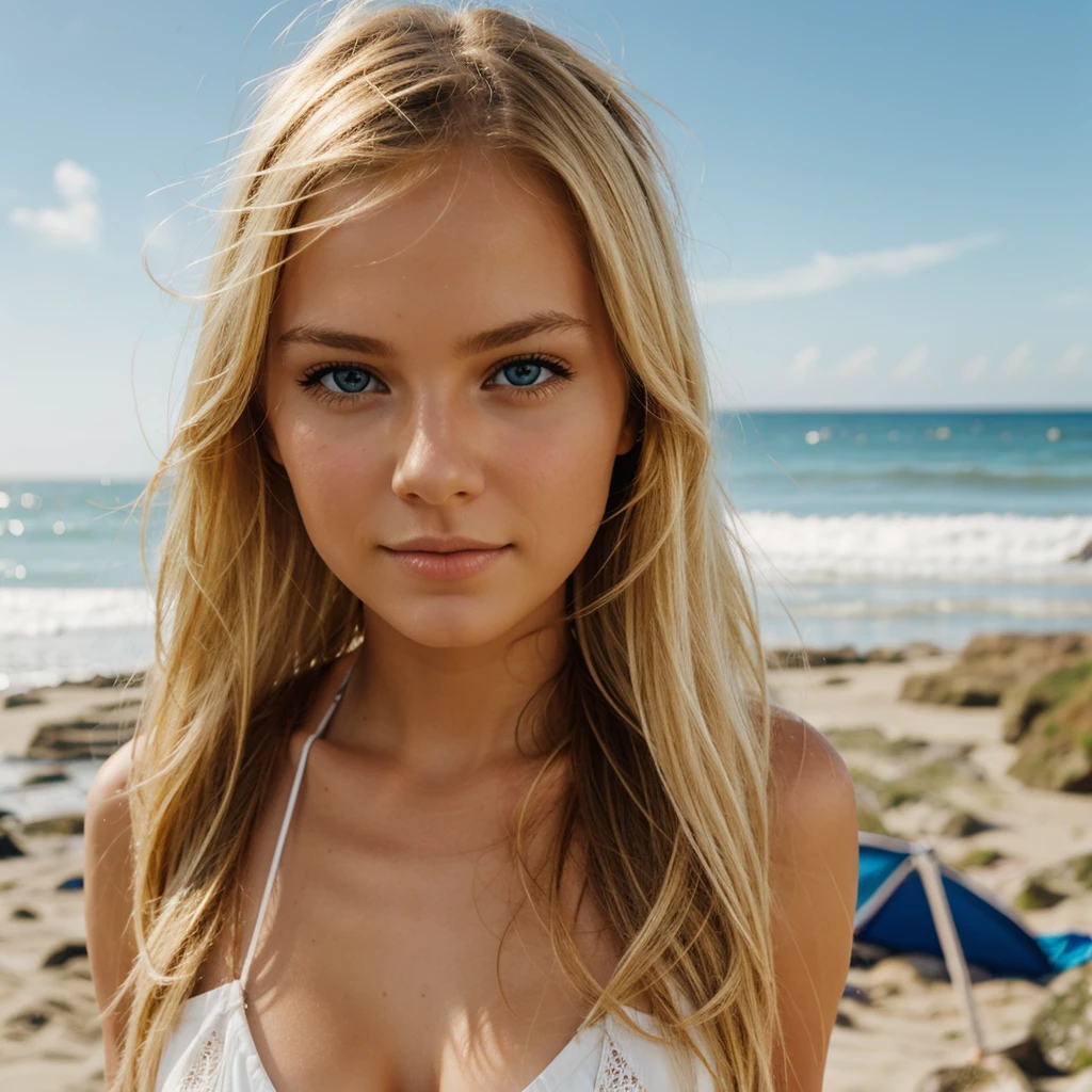 beautiful blond girl on the beach facing the camera