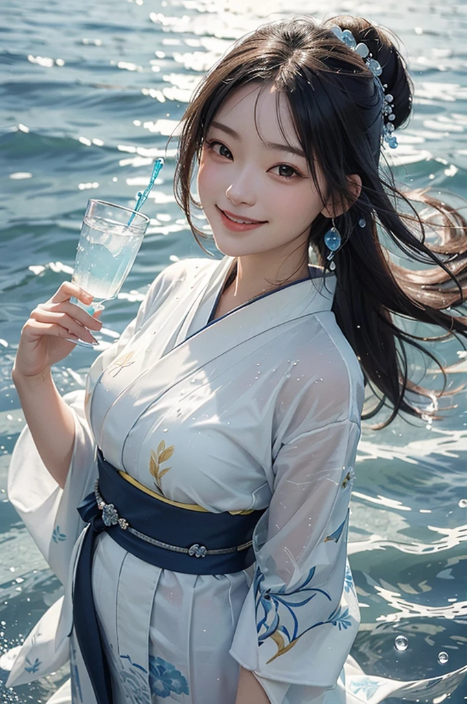 A beautiful woman in a kimono smiling while holding ice and clear, delicious-looking water in a transparent glass cup with water droplets under a sunny summer blue sky