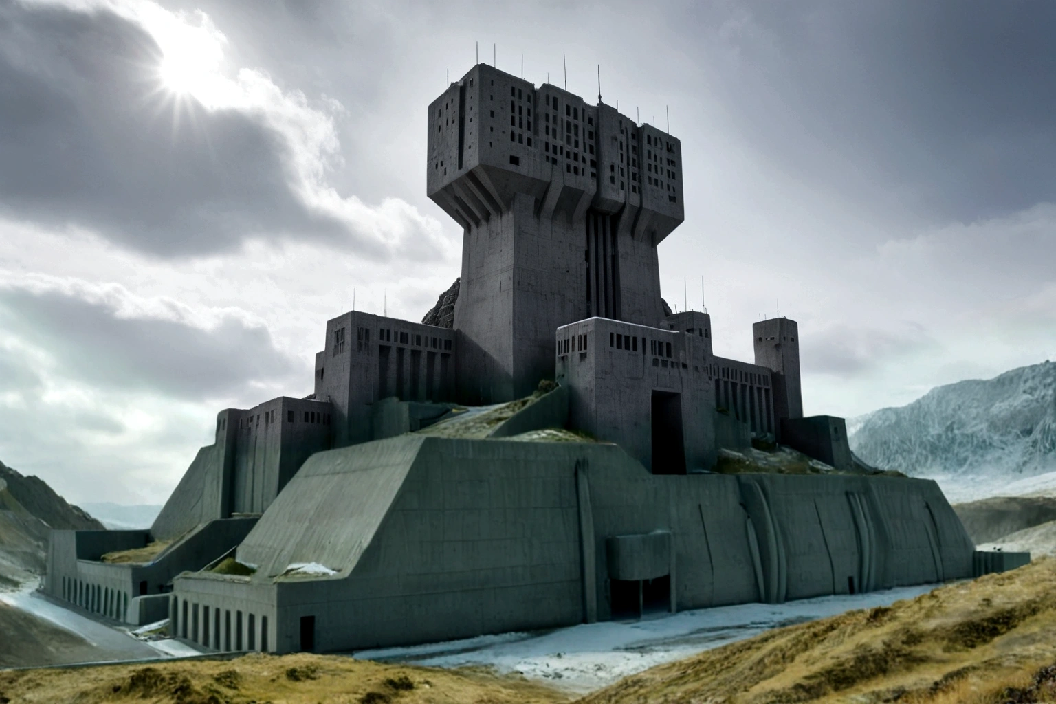 ((ON AN ALIEN PLANET IN THE BACKGROUND THERE IS A BRUTALIST-STYLE CONCRETE FORTRESS)), (((A FUTURISTIC 40TH CENTURY AD FLYING ALIEN SPACESHIP PASSES IN CLOSEUP)) AMONG THE STEEP AND INTRINSIC MOUNTAINS WITH SHARP ROCKS WITH SNOW AND ICE, THE STORMY AND COLD SKY HAS THE CLOUDS DESTROYED BY THE FREEZING WIND FROM THE POLE, IMAGEN HIPER REALISTA, MAXIMUM DEPTH OF FIELD, MAXIMUM HDR 4K RESOLUTION, PERSPECTIVA PERFECTA