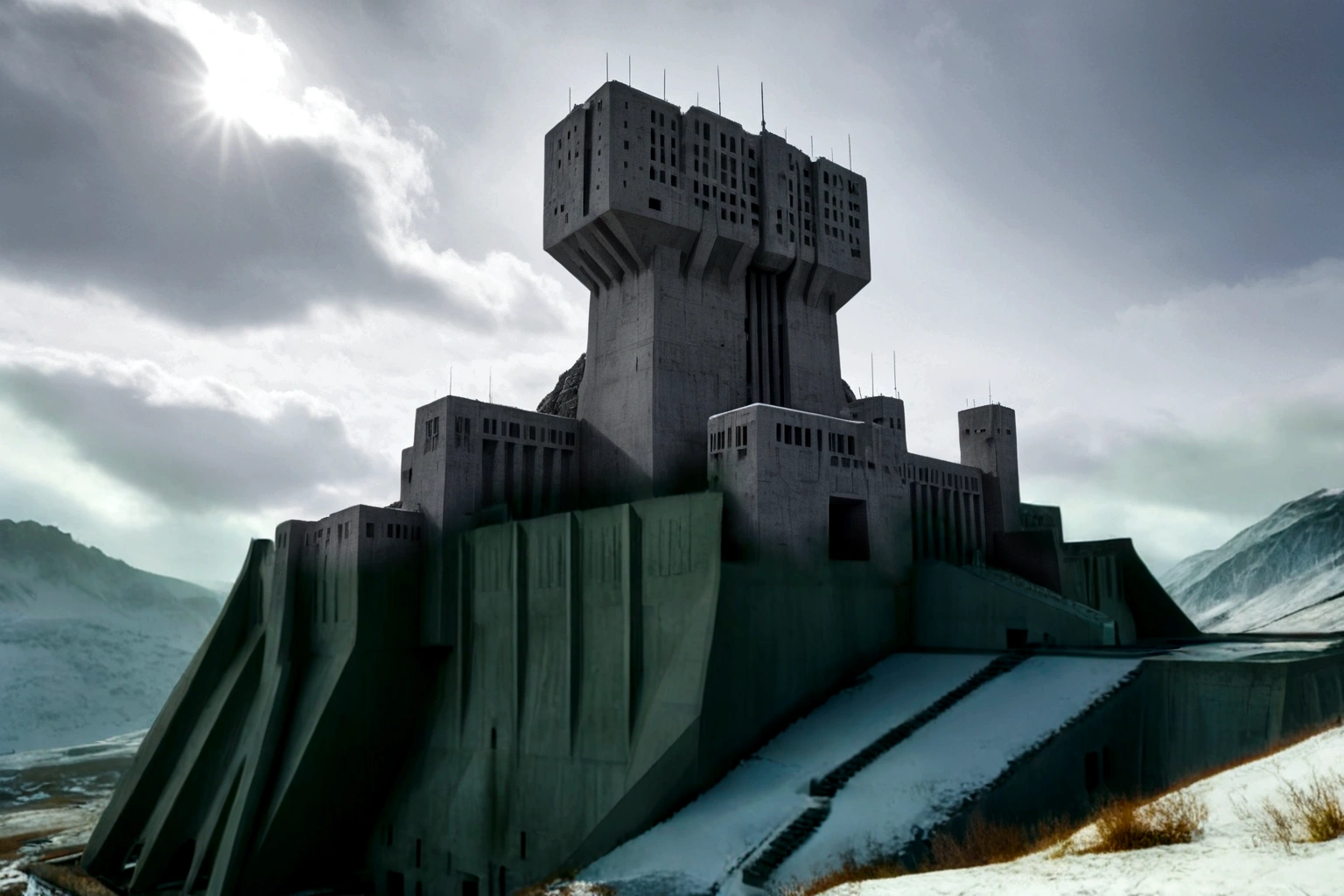 ((ON AN ALIEN PLANET IN THE BACKGROUND THERE IS A BRUTALIST-STYLE CONCRETE FORTRESS)), (((A FUTURISTIC 40TH CENTURY AD FLYING ALIEN SPACESHIP PASSES IN CLOSEUP)) AMONG THE STEEP AND INTRINSIC MOUNTAINS WITH SHARP ROCKS WITH SNOW AND ICE, THE STORMY AND COLD SKY HAS THE CLOUDS DESTROYED BY THE FREEZING WIND FROM THE POLE, IMAGEN HIPER REALISTA, MAXIMUM DEPTH OF FIELD, MAXIMUM HDR 4K RESOLUTION, PERSPECTIVA PERFECTA