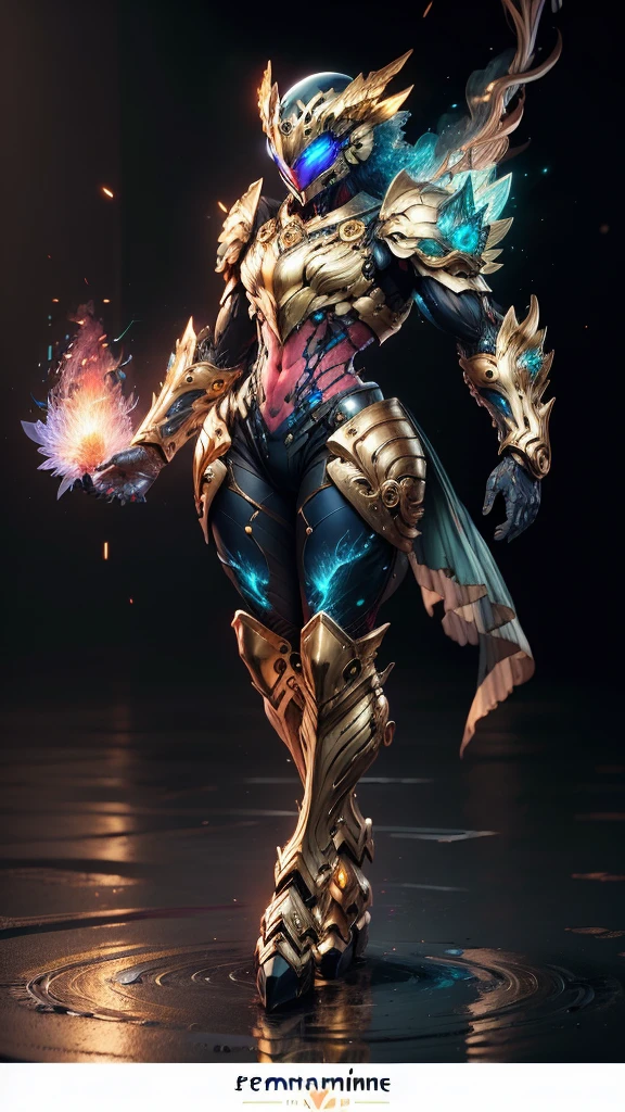 A woman adorned in fantasy-style full-body armor, a crown-concept fully enclosed helmet that unveils only her eyes, a composite layered chest plate, fully encompassing shoulder and hand guards, a lightweight waist armor, form-fitting shin guards, the overall design is heavy-duty yet flexible, (the armor gleams with a golden glow, complemented by red and blue accents), exhibiting a noble aura, she floats above a fantasy-surreal high-tech city, this character embodies a finely crafted fantasy-surreal style armored hero in anime style, exquisite and mature manga art style, (mixture of Queen bee and Spider concept Armor, plasma), ((Element, elegant, goddess, femminine:1.5)), metallic, high definition, best quality, highres, ultra-detailed, ultra-fine painting, extremely delicate, professional, anatomically correct, symmetrical face, extremely detailed eyes and face, high quality eyes, creativity, RAW photo, UHD, 32k, Natural light, cinematic lighting, masterpiece-anatomy-perfect, masterpiece:1.5