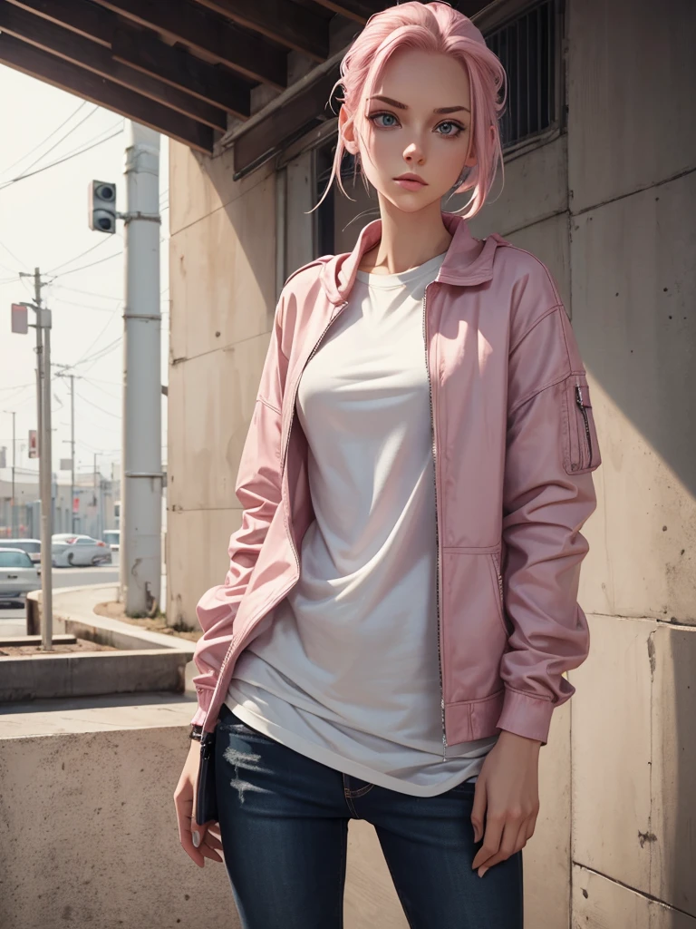 (best quality), 1girl, female, 25 years old, white skin, medium hair, hair pulled back, pink hair, hazel eyes, perfect eyes, slender, grunge clothes, fully clothed, masterpiece, anatomically correct, highres
